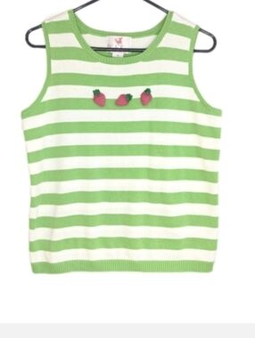 Quacker Factory 3D Strawberry Green Striped Sweater Vest 1X